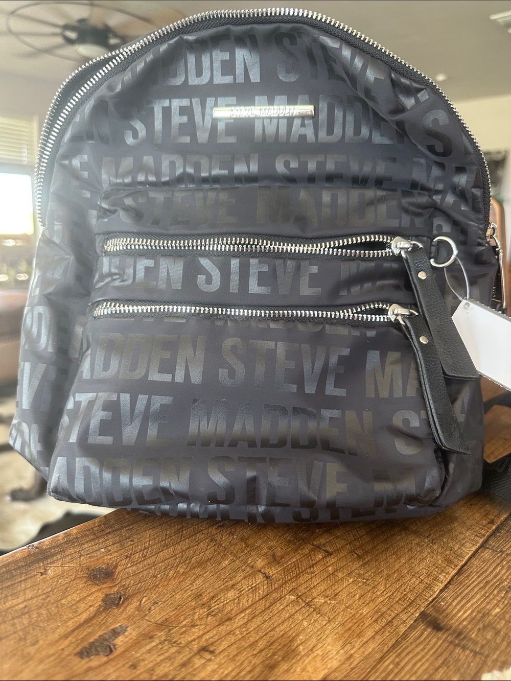 Steve Madden Black Logo Print Backpack with Silver Hardware